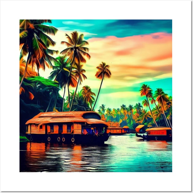 Elegant Kerala natural landscape of coconut trees sunset sky river and houseboat Wall Art by Mandalasia